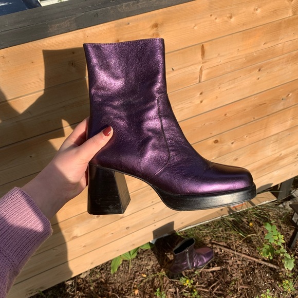 L’Intervalle genuine leather purple metallic platform heeled ankle boots - Picture 4 of 6